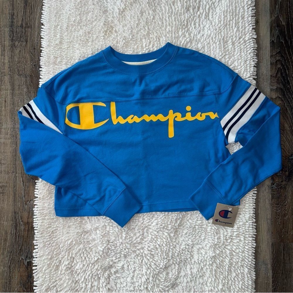 Champion Blue and Yellow Cropped Sweatshirt